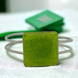 Green Glass Cuff Bracelet with Silver-Tone Wire Design